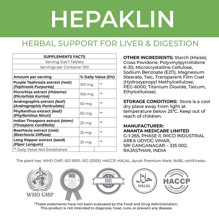 HEPAKLIN – Herbal Liver Detox & Support Formula for Health, 120 Tabs Ananta Medicare
