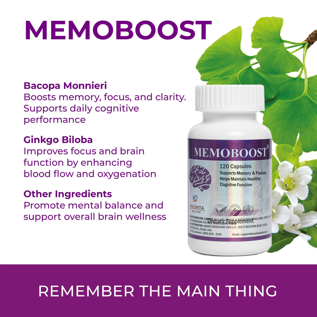 MEMOBOOST – Memory Supplement - Natural Brain & Clarity, 120 Caps - Ananta H&B
