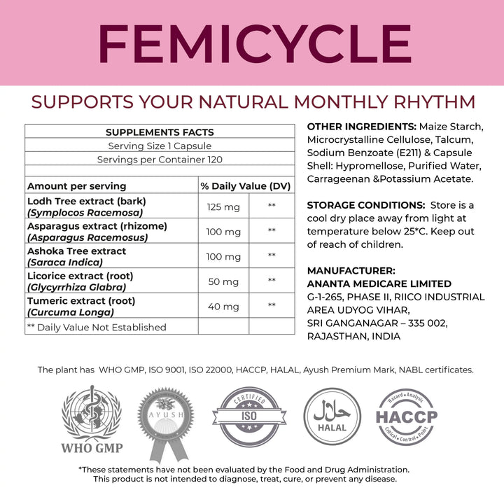 FEMICYCLE - Herbal Formula – Regulates Menstrual Cycle, 120 Capsules - Ananta H&B