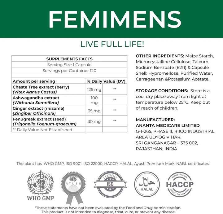 FEMIMENS – Women’s Wellness & Cycle Support Health Formula, 120 Caps - Ananta H&B