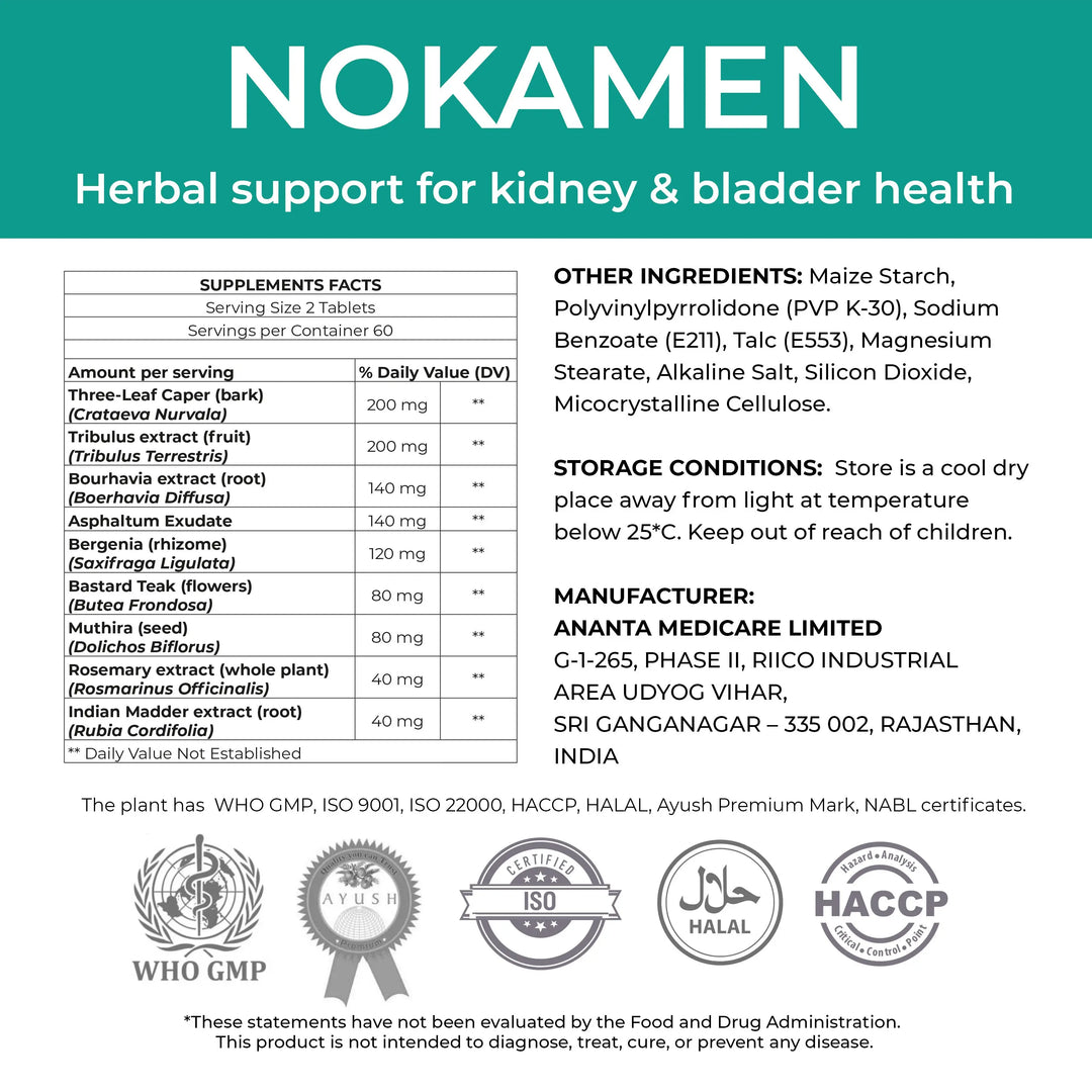 NOKAMEN – Kidney & Urinary Tract Support Herbal Formula, 120 Tabs Ananta Medicare